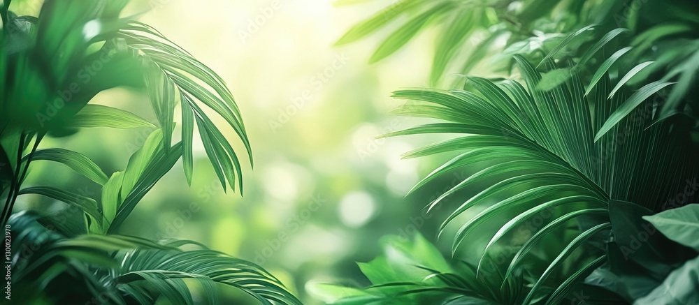 Poster lush green tropical foliage with various palm leaves creating a layered background, soft glowing lig