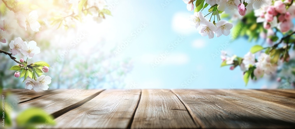 Aufkleber spring flowers in soft pink and white hues frame a warm wooden table on a bright blue background wit