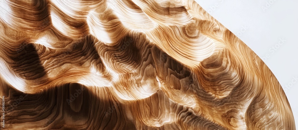 Poster natural wood sculpture showcasing flowing waves and rhythmic patterns in warm brown hues with intric