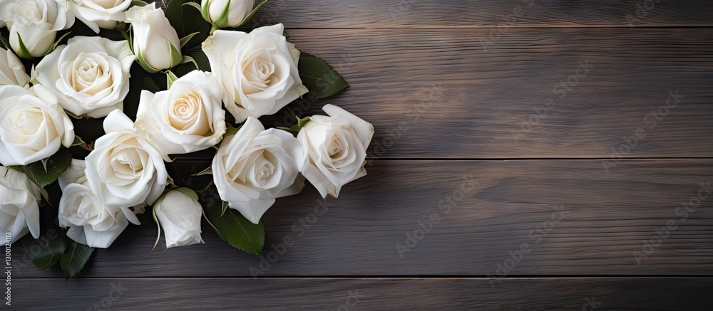 Aufkleber Elegant arrangement of white roses on a rustic wooden table with soft shadows creating a serene atmosphere and ample copy space on the right.