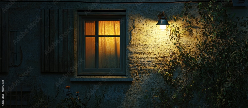 Poster cozy ambience of a private home with a warm orange glow from a window on a dark evening, illuminated