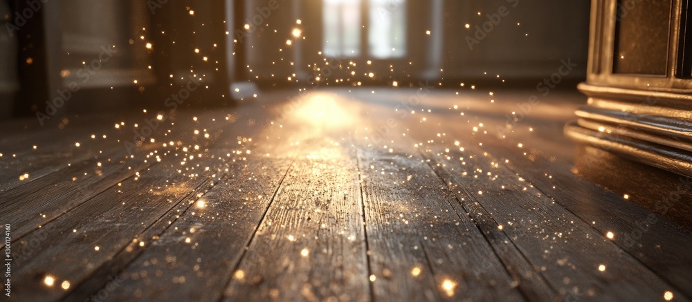 Poster Radiant fairy dust sparkles on a wooden floor with warm golden hues and soft light streaming in, creating an enchanting magical atmosphere