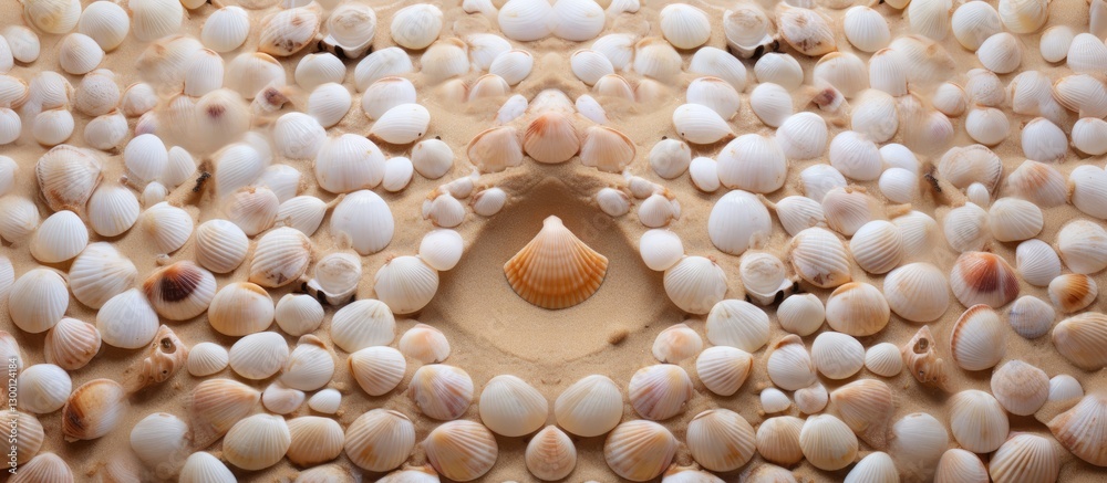 Poster Close-up of assorted white and beige seashells arranged symmetrically around a central blank space on a sandy background for inscriptions.