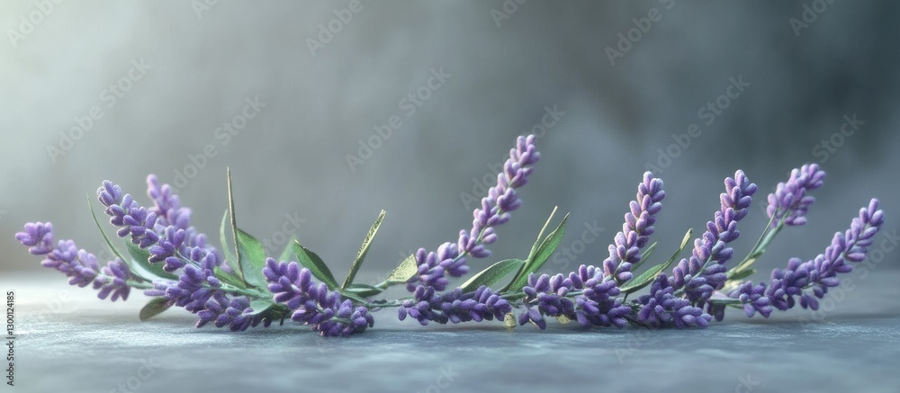 Aufkleber Lavender wreath elegantly arranged on the left side against a soft gradient background featuring subtle greens and grays conveying tranquility.