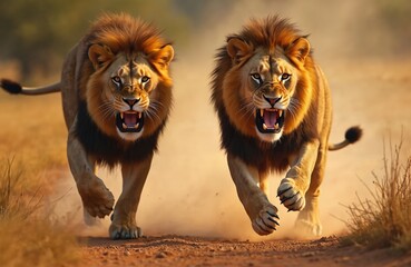 Two angry lions charging on camera. African wild cats roar, hunt in savanna. Dangerous predators show teeth, aggression, power, strength. Safari adventure, wildlife hunting theme. Wild animals chase.