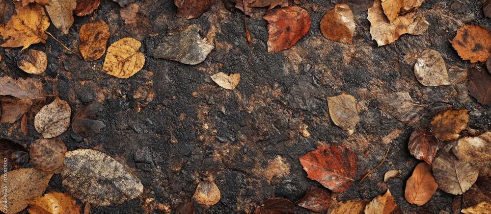 Poster autumn forest floor with a rich palette of dark and light brown leaves scattered on a textured groun
