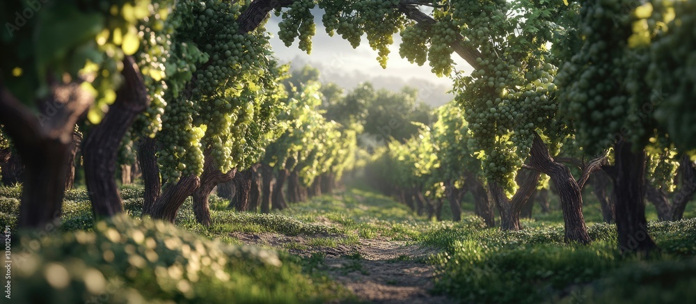 Poster Vibrant green grapevines in neatly aligned rows create a serene vineyard scene with soft sunlight filtering through lush foliage on a sunny day.