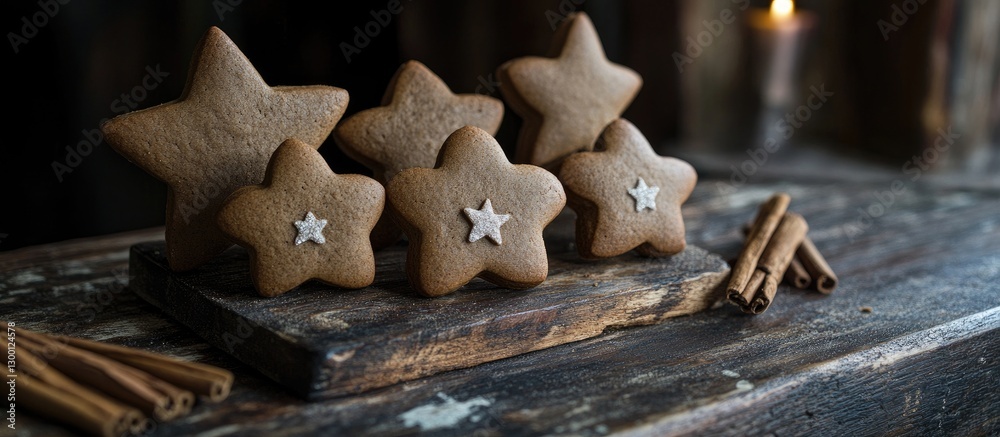 Aufkleber gingerbread star cookies arranged on a rustic wooden board with cinnamon sticks and a candle in the 