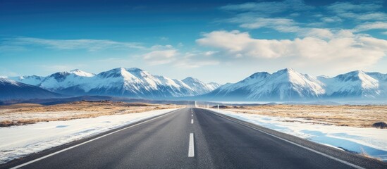 Straight highway leading towards majestic snow capped mountains under a bright blue sky with fluffy clouds ample copy space on a winter landscape
