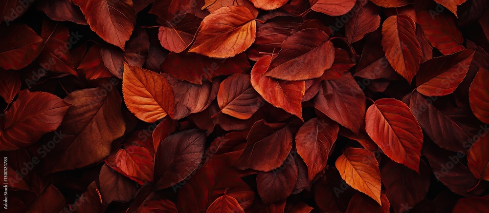 Poster vibrant red and orange autumn maple leaves densely arranged on a dark background, capturing the esse