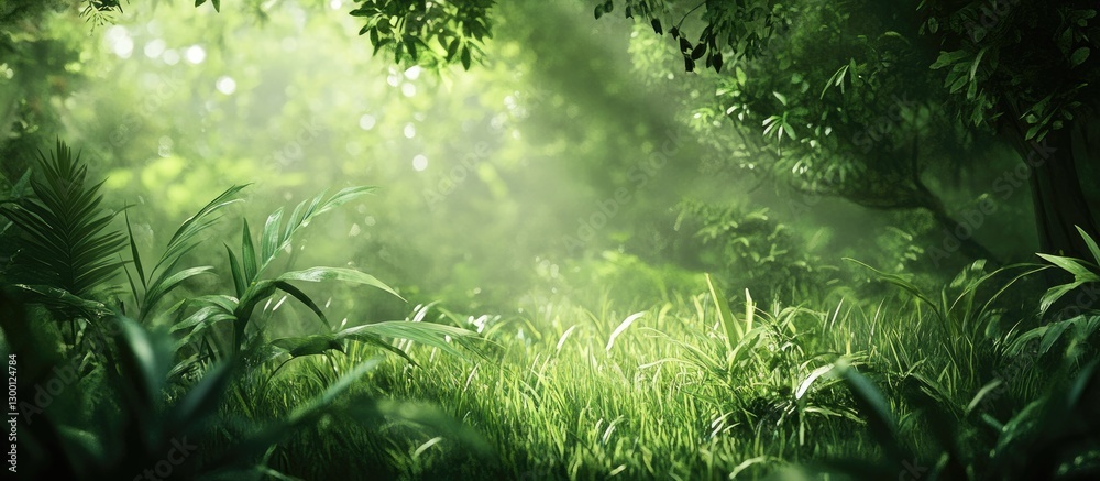 Poster Lush green forest backdrop in soft focus with hazy light creating a tranquil atmosphere highlighting vibrant foliage and serene nature elements.