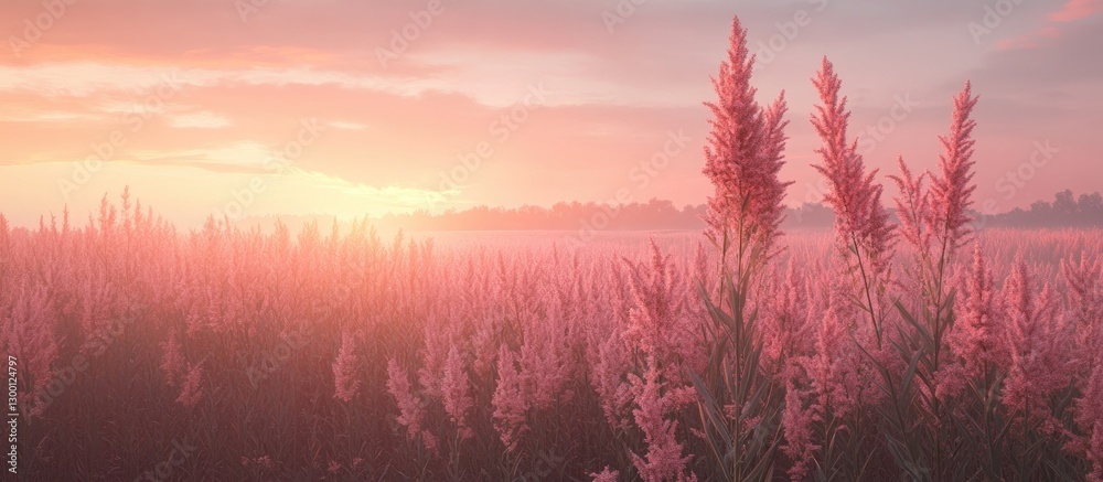 Aufkleber soft pink sorghum plants in a tranquil field bathed in warm dawn light creating a serene atmosphere 