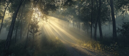 Serene early morning forest scene with golden sunlight rays filtering through misty trees illuminating a winding path and greenery on the ground