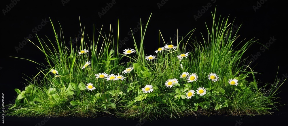 Poster lush green spring grass with vibrant white daisies and foliage on a black background for easy isolat