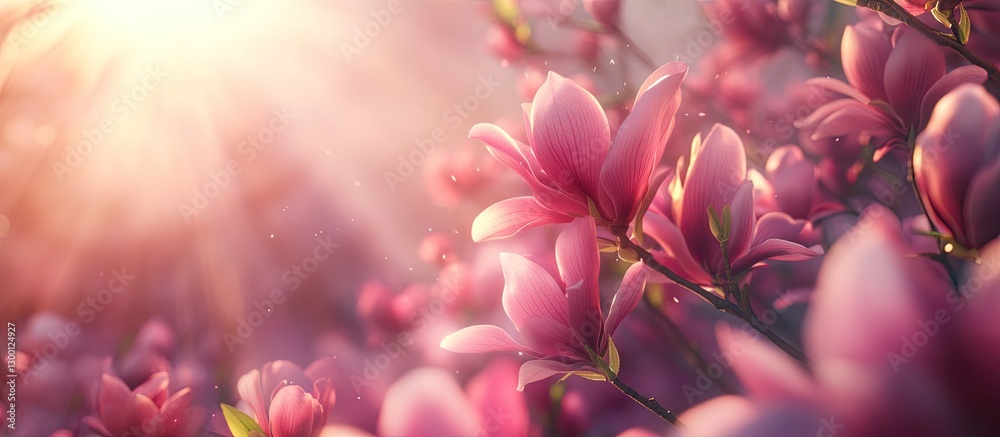 Poster soft pink magnolia flowers in focus with ethereal sunlight filtering through, creating a dreamy atmo
