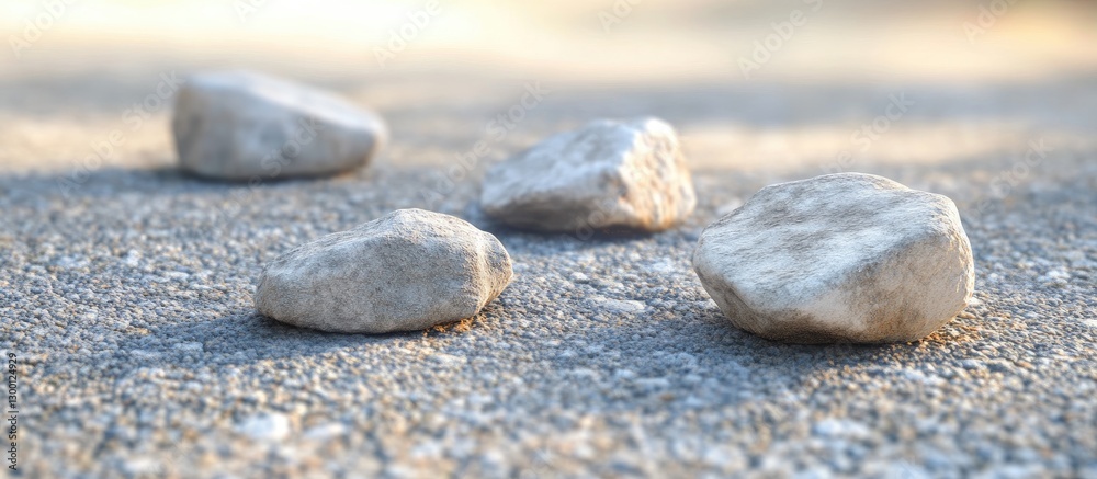 Leinwandbilder scattered grey stones arranged on a textured asphalt surface with a blurred background of warm color