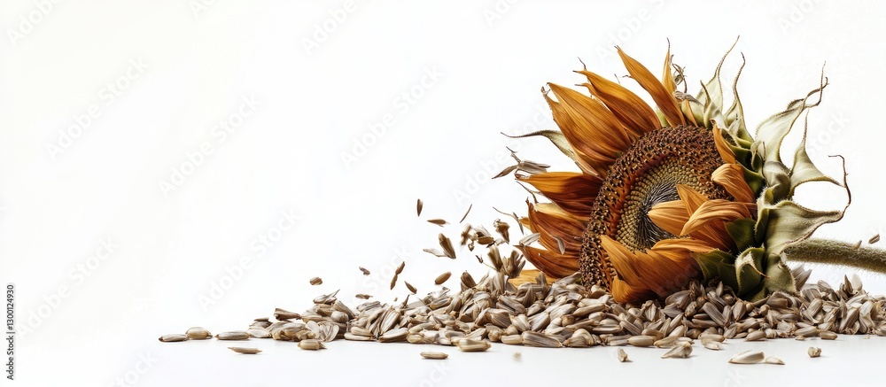 Poster sunflower head with dried petals positioned left, surrounded by scattered seeds against a clean whit