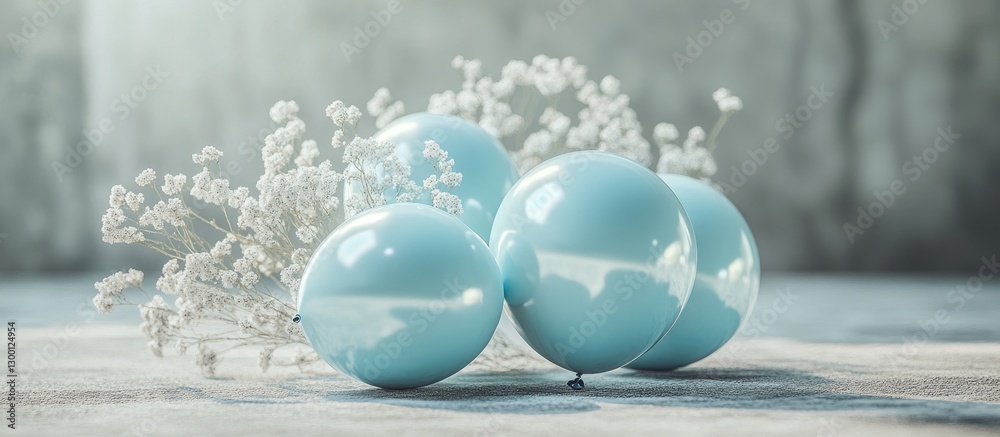 Aufkleber Glossy light blue balloons arranged on a soft surface with delicate white flowers in the background creating a serene and charming atmosphere