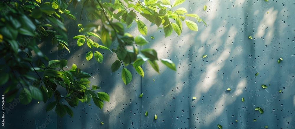 Poster sunlight filtering through green leaves onto a textured blue wall with soft shadows creating a seren