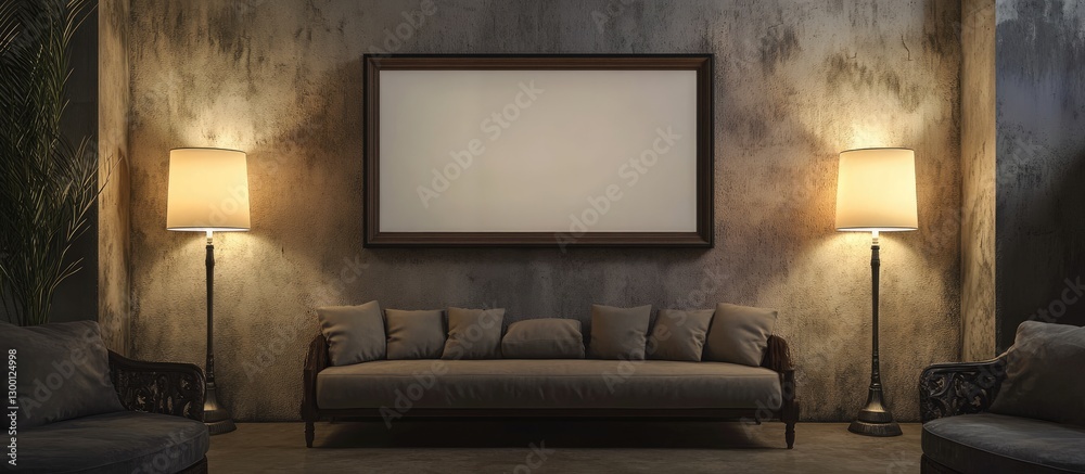 Poster elegant living room with a blank frame centered on a textured wall, flanked by two warm-lit lamps, f