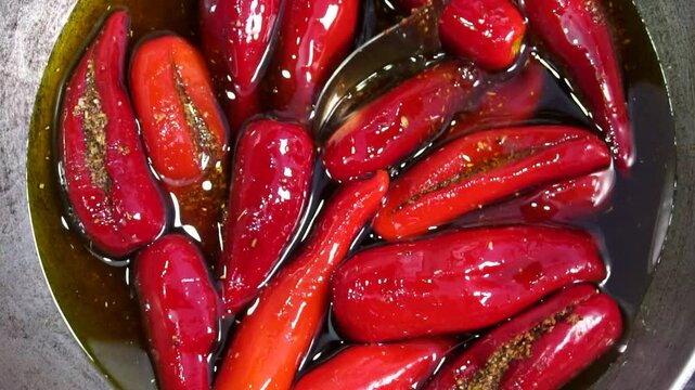 Homemade Stuffed Red Chili Pickle. 