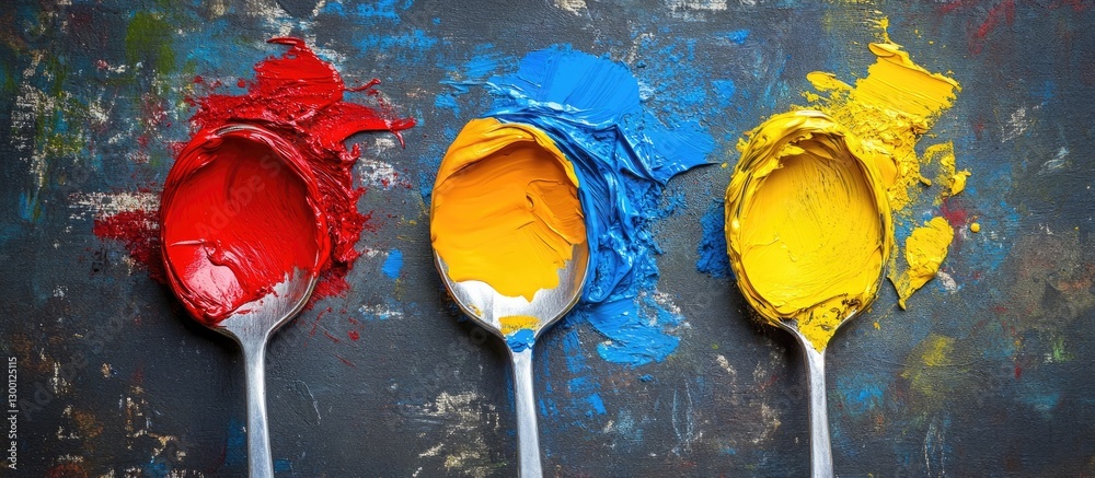 Poster vibrant red blue and yellow paint in spoons on a textured dark background showcasing creativity and 