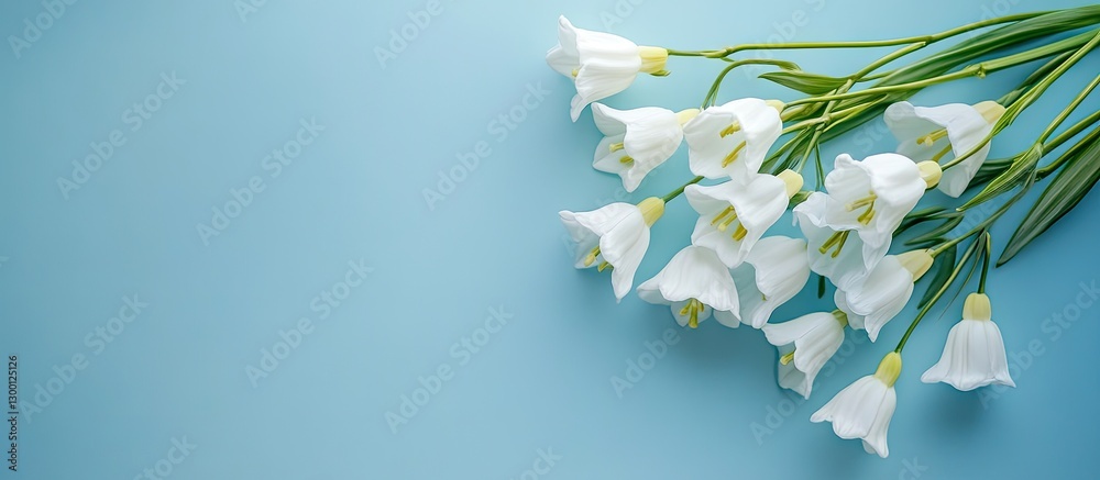 Leinwandbilder spring bouquet of white bell flowers arranged on the top right against a soft blue background creati