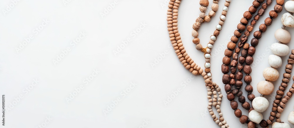 Poster natural material necklaces in shades of brown and cream arranged artistically on a white background 