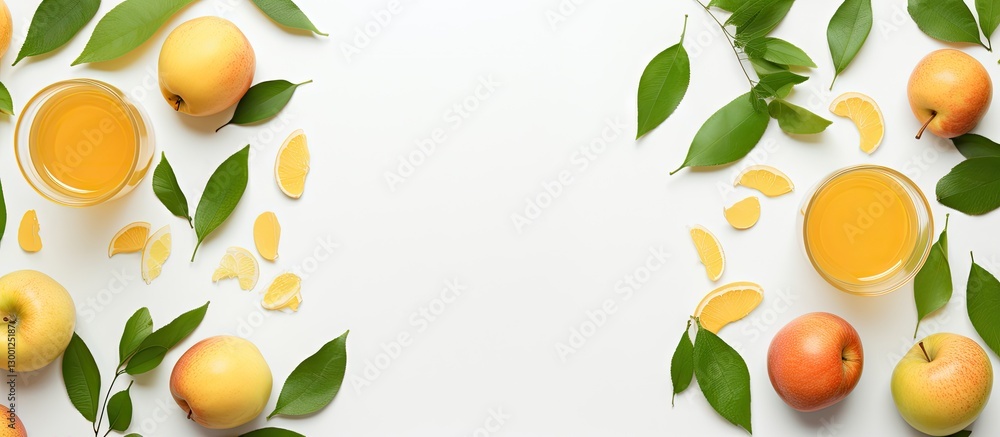 Poster fresh apples and juice on a white background surrounded by green leaves and apple peels arranged sym