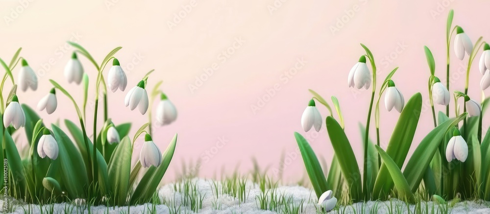 Poster white snowdrop flowers with green leaves in a soft pink background, arranged symmetrically on the le