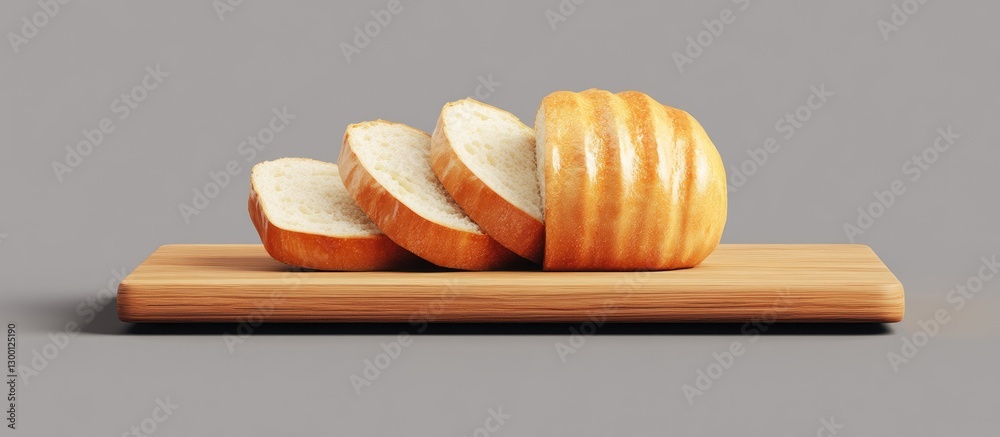 Poster sliced bread on a light wooden cutting board against a gray background showcasing a clean and inviti