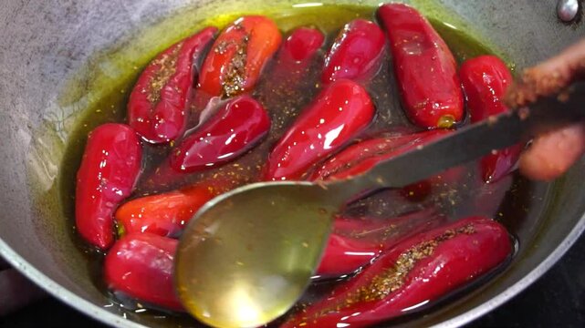 Homemade Stuffed Red Chili Pickle. 