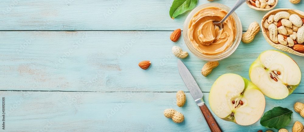 Poster fresh apple slices with creamy peanut butter and assorted nuts on light blue wooden table flat lay w