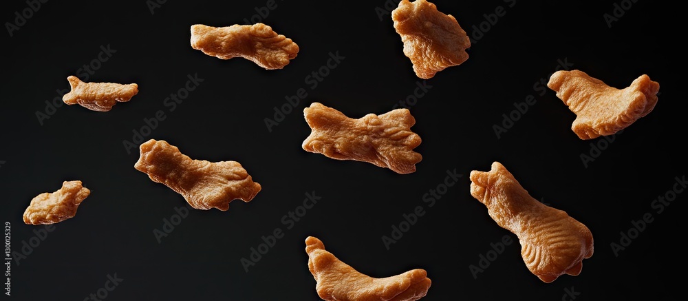 Poster Golden brown, crispy chicken nuggets flying against a dark background, creating a dynamic and appetizing visual for food advertising.