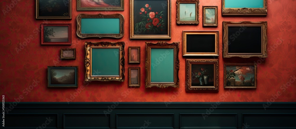Poster Conceptual image of a vintage photo frame gallery arranged on a textured orange wall with green accents, showcasing various decorative frames and artwork.