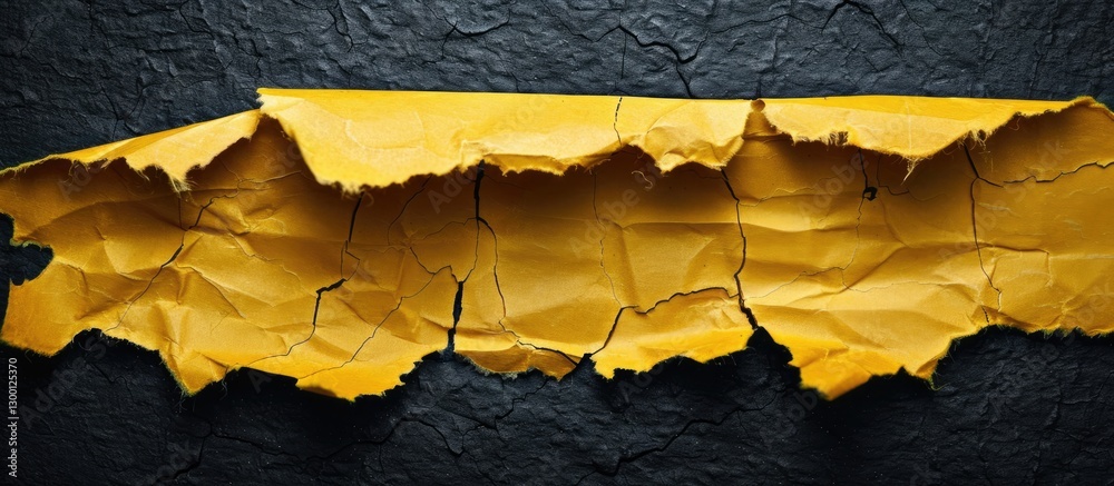 Poster Tattered yellow paper scrap positioned horizontally on a textured black background with ample copy space above and below the paper for text insertion