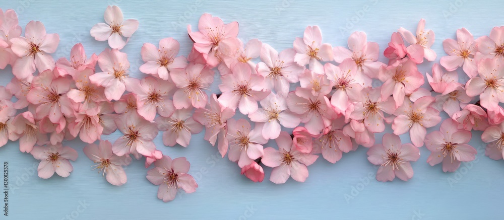 Aufkleber soft pink cherry blossom flowers cascading across a light blue wooden backdrop with ample copy space