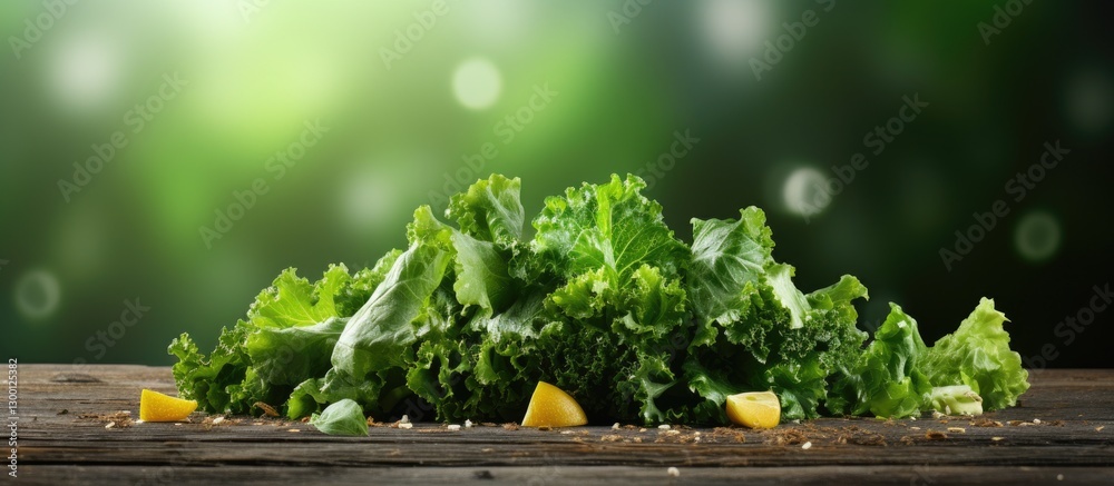 Poster Fresh green lettuce with vibrant leafy texture arranged artistically on a rustic wooden table with soft green bokeh background and lemon wedges.