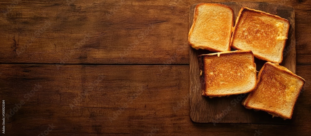 Poster golden brown toast sandwiches stacked on a rustic wooden board with a dark backdrop, highlighting th
