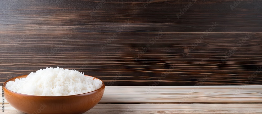 Poster bowls of white rice positioned on a rustic wooden table with rich brown tones creating a warm, invit