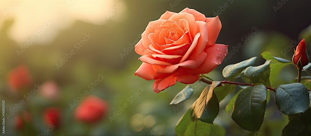 Poster Elegant blooming peach rose surrounded by green leaves with a soft blurred background creating a serene and romantic atmosphere for copy space.