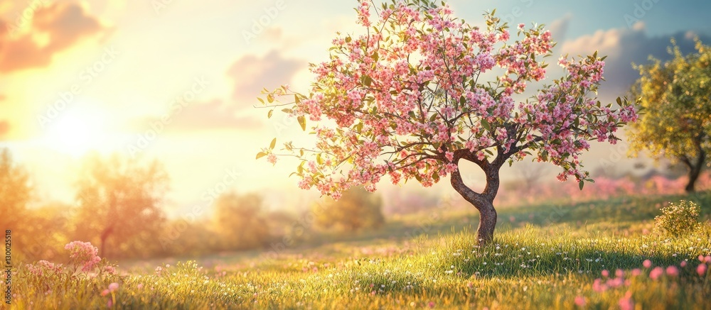 Poster blossoming pink tree in vibrant green meadow under soft sunlight with clouds in blue sky creating se