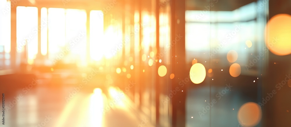Aufkleber bright sunlit office interior with warm golden bokeh effects, large windows in the background reflec