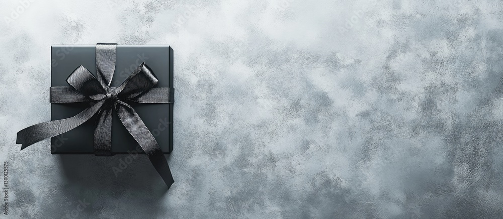 Poster elegant black gift box with a satin ribbon on a textured gray background, positioned in the top righ