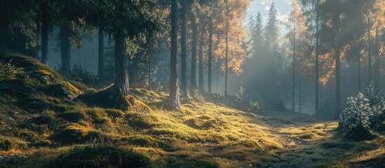 Fototapeta premium Sunlit spruce treetops with golden autumn leaves, illuminated mossy ground on a forest slope, soft misty light enhancing tranquil atmosphere.