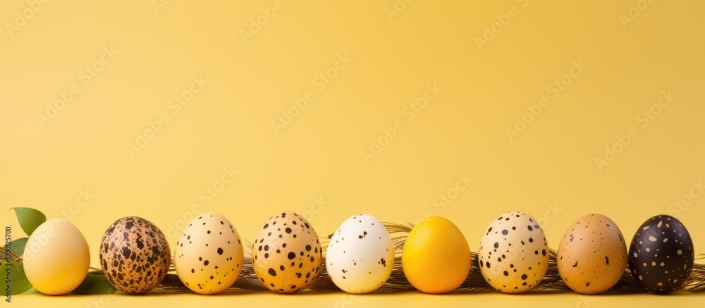 Poster Colorful quail eggs arranged in a row on a vibrant yellow background with a few green leaves for contrast creating an inviting spring aesthetic.