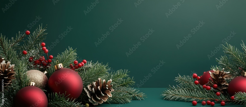 Poster elegant christmas composition with dark green backdrop, red and gold ornaments, pinecones, and abund