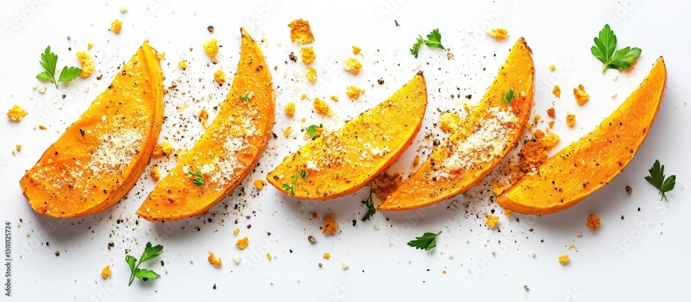 Poster roasted pumpkin slices garnished with breadcrumbs and parmesan on a clean white background with gree