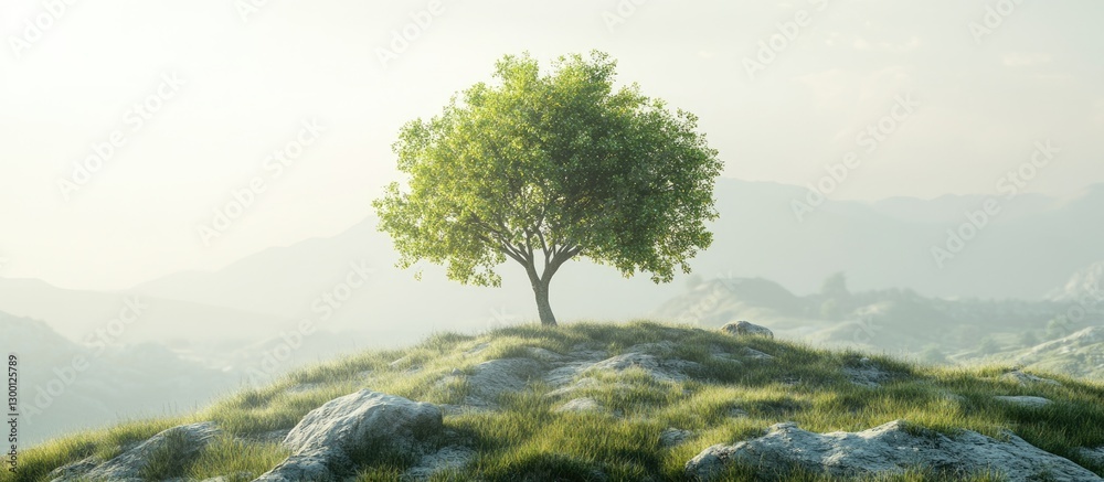Poster lone green tree on rocky hillside surrounded by soft grass under a misty sky with distant mountains 