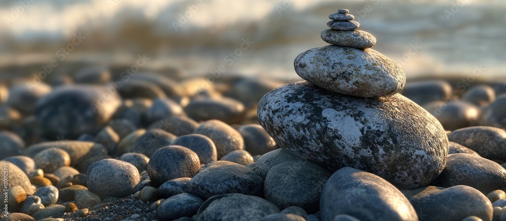 Poster Balanced stack of smooth zen stones atop rounded pebbles with gentle waves in the background, soft sunset light creating a serene atmosphere.